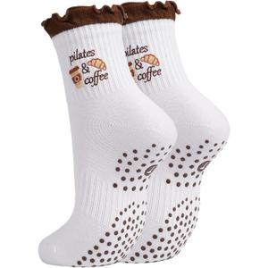Cute Pilates Ruffle Socks for Women, Grippy Non-Slip Crew Socks with Embroidery for Yoga Barre Workout (White)
