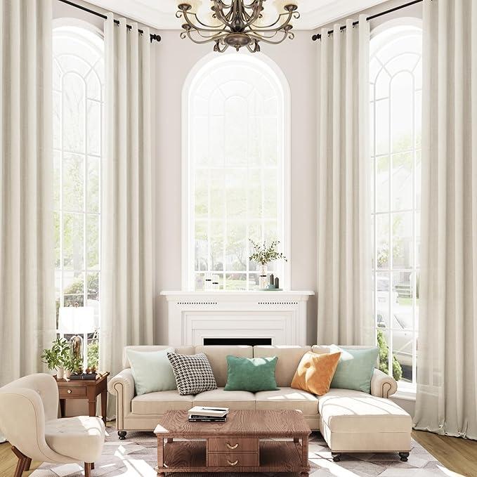 Off White 132 Inch Linen Curtains Extra Long with Grommet Top for High Living Room, Custom Made High Ceiling 2 Story Drapes,Semi Sheer Beige Neutral Curtains for Bedroom 11 FT 1 Panel