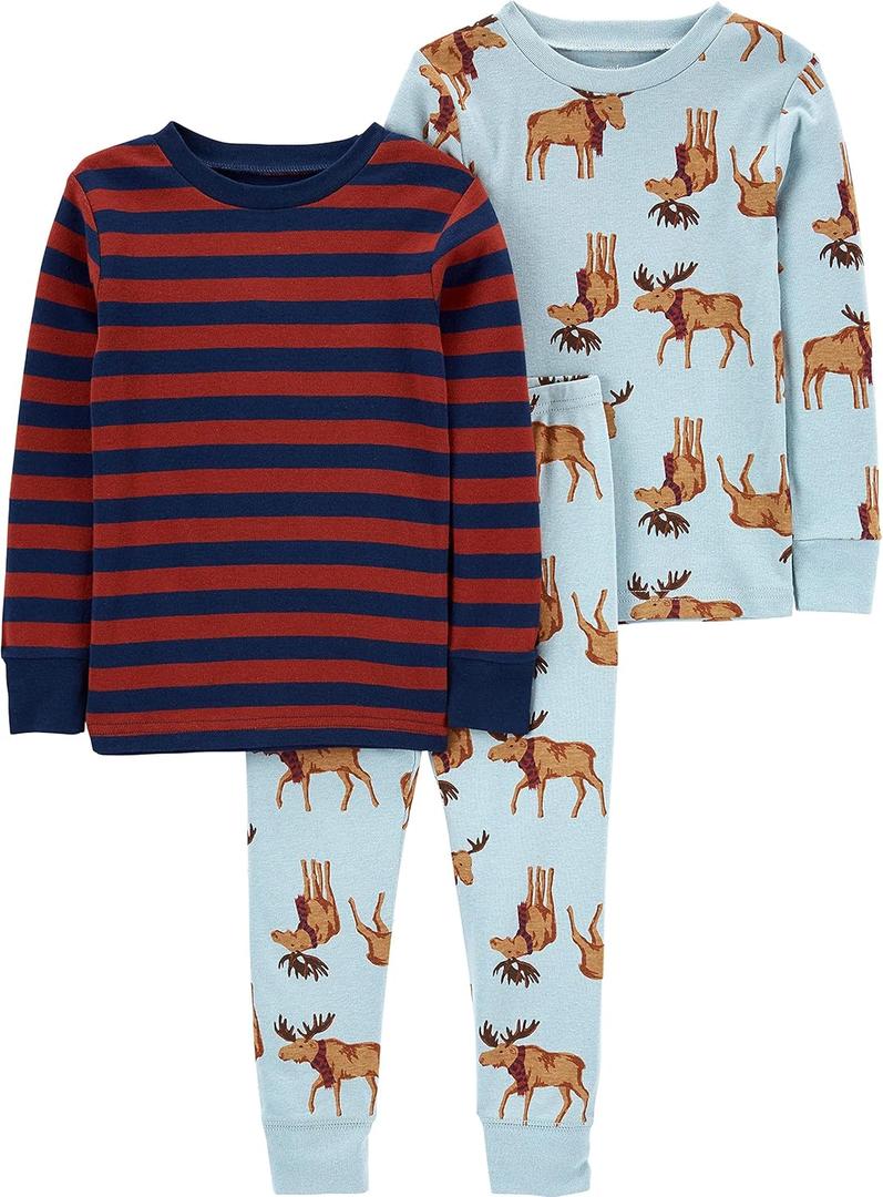 Simple Joys by Carter's Baby 3-Piece Snug-fit Cotton Holiday Pajama Set (2T, Burgundy Stripe/Light Blue Moose)