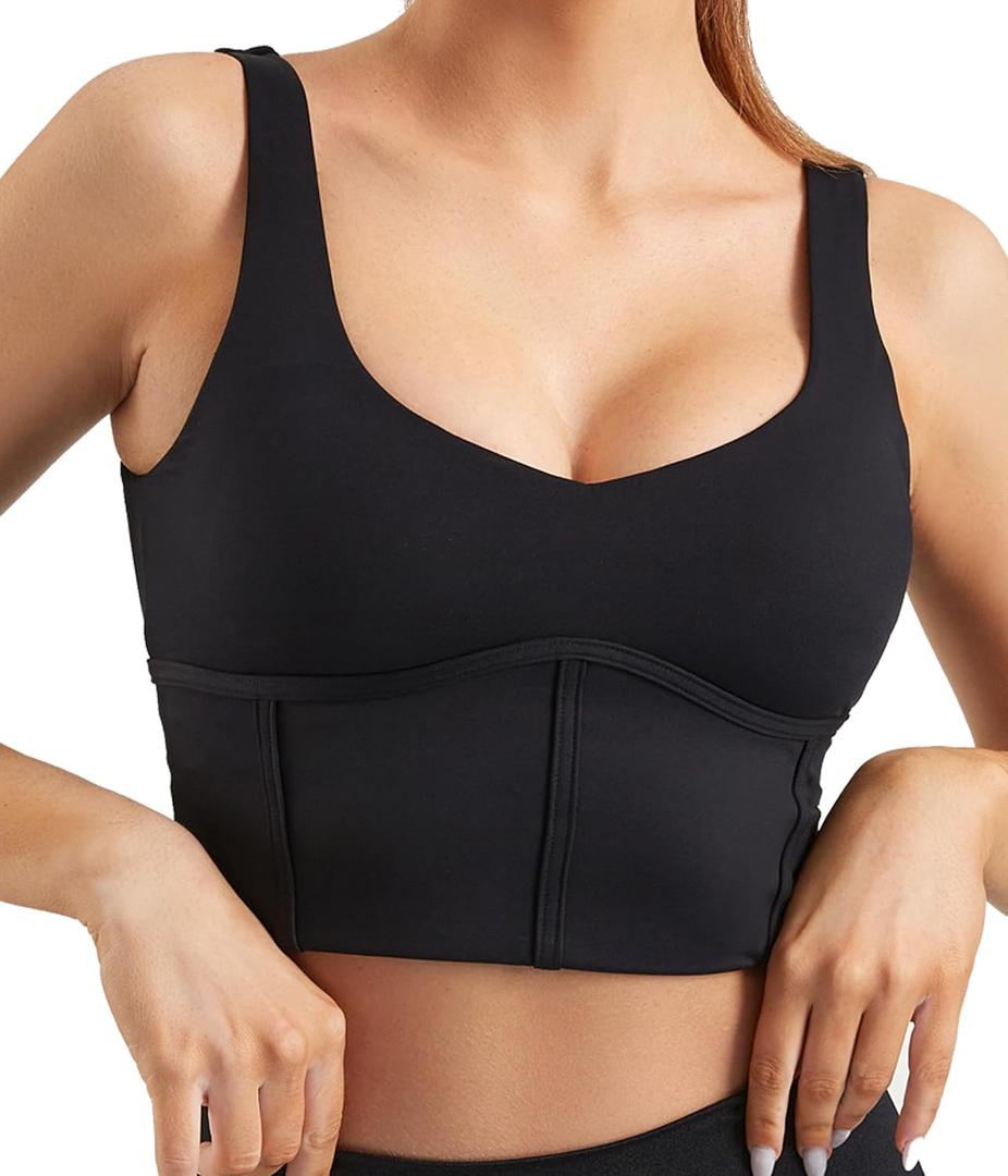 Women Built in Bra Corset Padded Sports Bra Open Back Long line Yoga Fitness Workout Crop Top Tank Bra (Black XL)