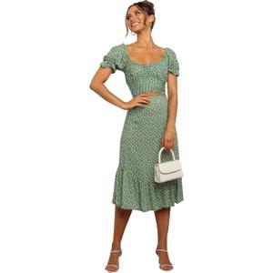 LYANER Women's 2 Piece Outfits Floral Self Tie Knot Crop Top and Midi Skirt Set (Large, Green)