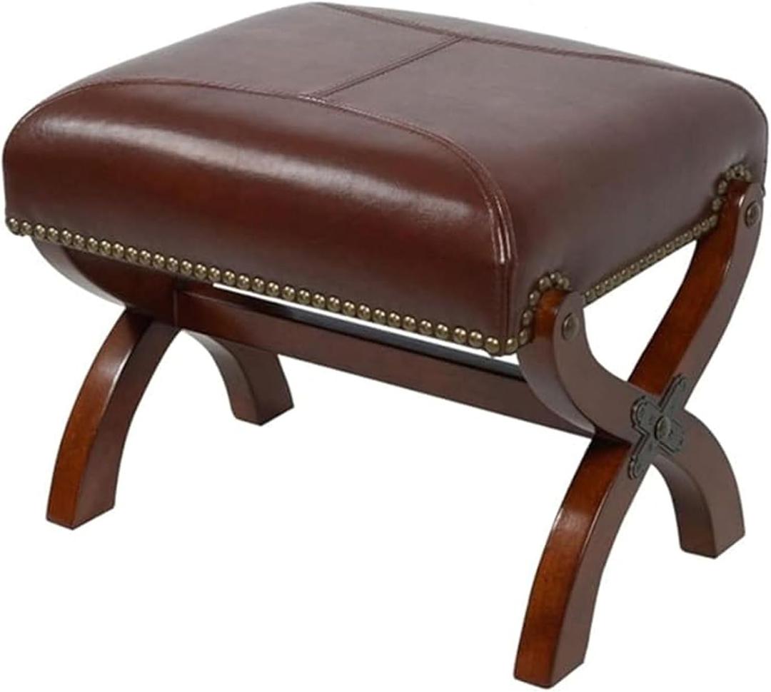 Leather Footrest Wood Ottoman, Rustic Foot Stool, Rectangle Footrest for Living Room Bedroom (Brown)
