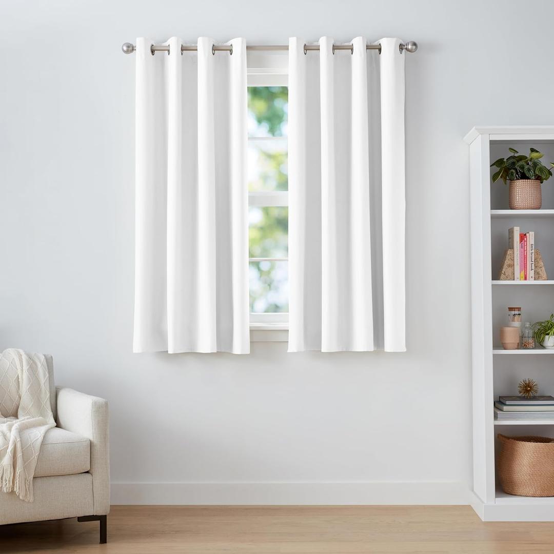 Amazon Basics Room Darkening Blackout Window Curtain with Grommets, Noise Reducing, Light Blocking, 52 x 63 inches, White, Set of 2