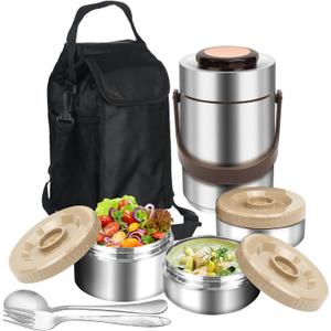 SSAWcasa 3-Layer Insulated Lunch Box for Men, Adult Soup Thermos, Leakproof Insulated Hot Food Jar Container, Stainless Steel Thermal Bento Box Lunch Bag Cutlery for Office Worker Trucker Picnic (67oz, Silver)