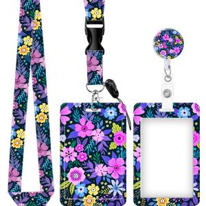 ID Badge Holder with Retractable and Detachable Lanyard, Cute Badge Reel Breakaway Lanyard with Carabiner Clip for Women, Teachers, Nurses, Students, Perfect Work and Office(Flower Purple)