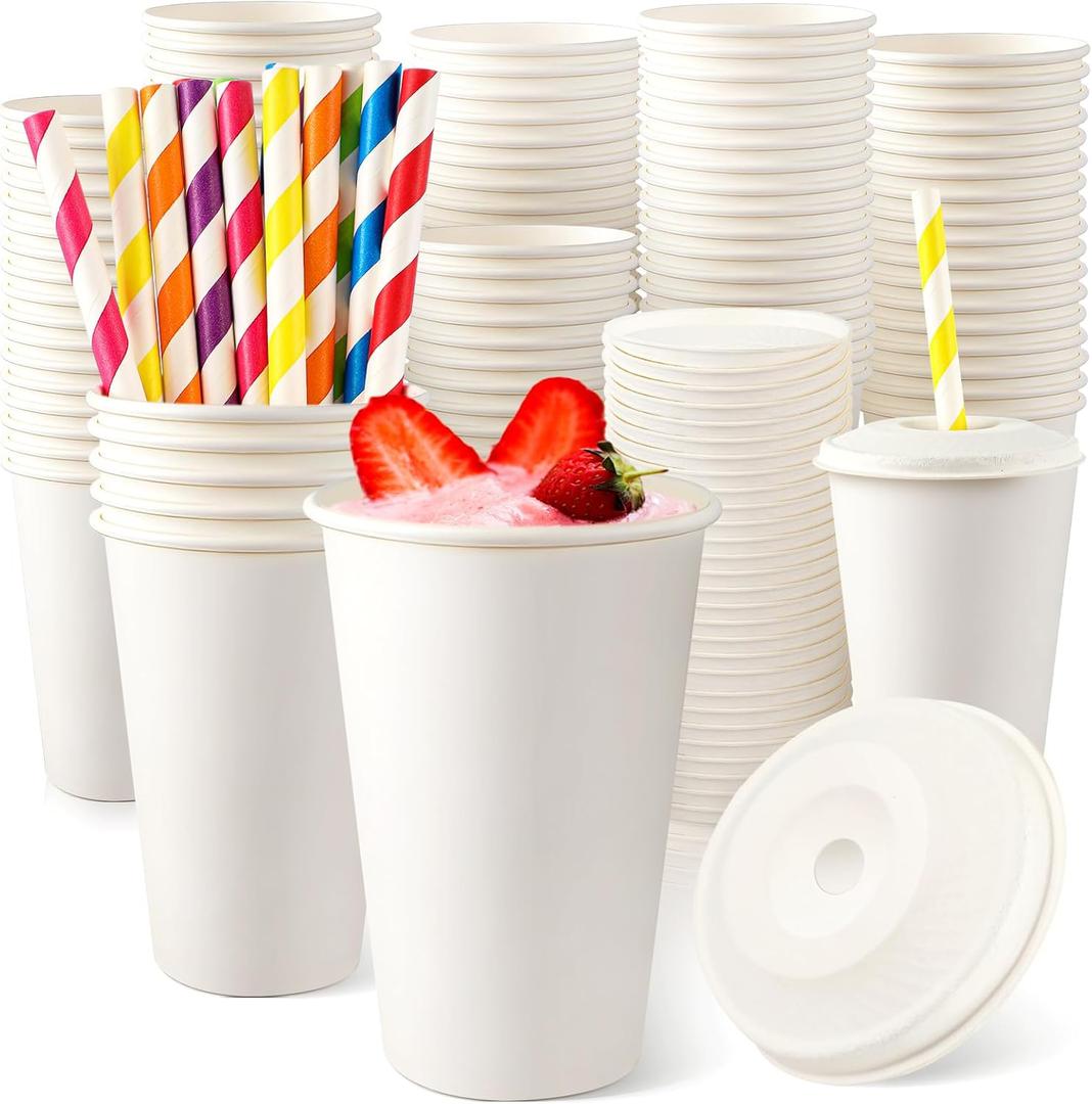 Havawish 100 Sets 16oz Disposable Paper Cups with Lids and Straws Go Coffee Cups Hot Cold Beverage Drinking Water Juice Coffee Hot Tea Shop Home Office Picnic Party Supplies