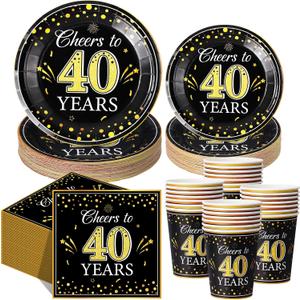Pickmesh 250 Pcs 40th Birthday Party Supplies Decorations Serve 50 Black Gold Cheers to 40 Years Disposable Paper Plates Napkins and Cups for Women Men 50th Birthday Wedding Anniversary Party Supplies, approx. 9 inches