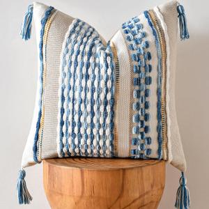 AmHoo Chenille Striped Textured Boho Throw Pillow Covers Aesthetic with Tassels Woven Decorative Pillow Case for Couch Bed Sofa Bedroom Modern Funky 18 x 18-Inch Sky Blue