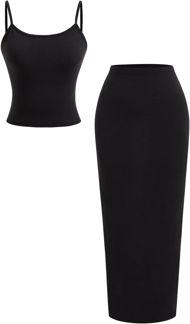 Women's 2 Piece Going Out Outfit Scoop Neck Crop Top and Fishtail Maxi Skirt Set (Black, S)