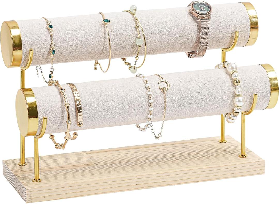 ProCase Bracelet Holder Display Bracelet Organizer Stand, Gold Detachable Bangle Storage Rack for Selling, Velvet Wrap Watch Holder with Wooden Base for Women Girls, Business Supplies - 2 Tier, Beige