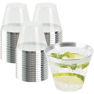 QPEY 50 Pack Silver Rimmed Plastic Cups,9 Oz Premium Silver Disposable Party Cups Clear Hard Plastic Wine Glasses for Holiday Gathering,Wedding,Thanksgiving,Christmas Elegant Disposable Party Cups