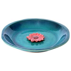 Voltogar Ceramic Bird Bath for Outside, Bird Bath Bowl with Vintage Decoration for Garden & Patio, Ground, Deck, Balcony Yard Lawn Decor Blue Bird Drinker Plate - Red Flower, 12.25"