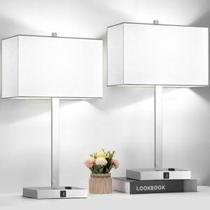 21" Set of 2 Touch Control Table Lamps with 2 USB & AC Outlets, 3-Way Dimmable Modern Nightstand Lamps for Bedroom Living Room Office Reading, White Shade Bedside Lamps, 5000K LED Bulbs Included. (White Linen & Brushed Nickel(Base)-5000K)