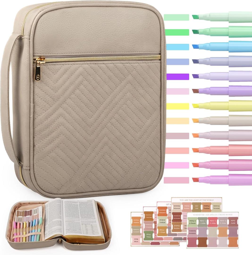 Quilted Vegan Leather Bible Cover, Color-Blocked Bible Cover Case for Women, Bible Carrying Case with Handle, Bible Study Supplies & Christian Gift for Women and Girls (Desert Taupe, XL)
