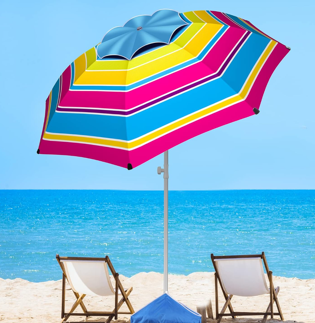 8FT Large Beach Umbrella with Level 7 Wind Resistance, Sand Anchor, Portable Outdoor Umbrella with UPF50+ UV Protection, Tilt Sun Shelter for Beach, Patio, Yard