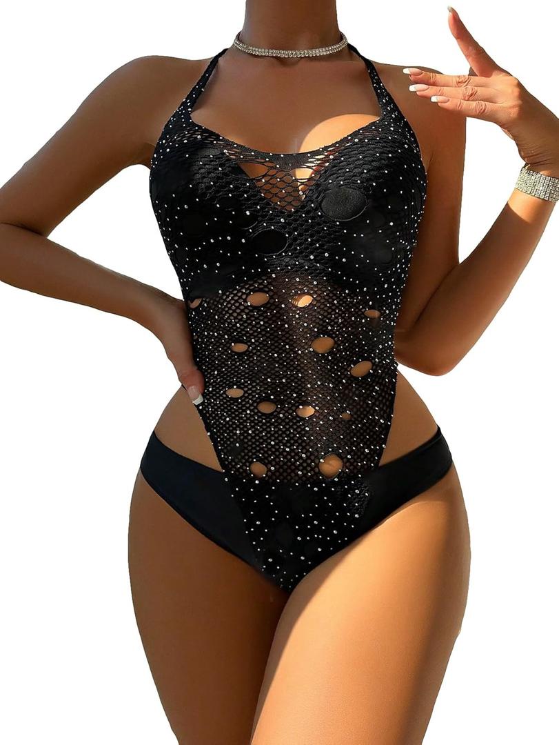 Floerns Women's Cut Out Fishnet Teddy Lingerie Mesh One Piece Bodysuit (Black Crow)