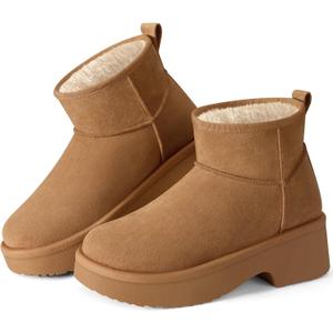 SHIBEVER Winter Ankle Boots Women Platform Suede Snow Booties Warm Fur Anti-Slip Waterproof Comfortable Outdoor Shoes (Brown)