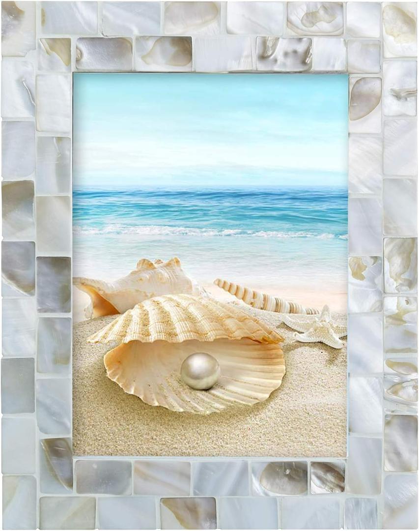 Handmade Picture Frames, 5" x 7"Vintage Mother of Pearl Photo Frame, Unique Natural Style, Chic Mosaic Beach Picture Frame Tabletop or Wall Hanging Display Frame (White, 5x7)