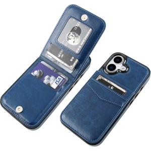 KIHUWEY Compatible with iPhone 17 Case Wallet with Credit Card Holder, Flip Premium Leather Magnetic Clasp Kickstand Heavy Duty Protective Cover for iPhone 17 6.3 Inch (Blue)