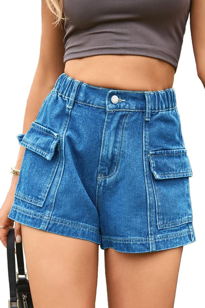 YOCUR Womens Cargo Denim Shorts - Summer Casual Vintage Loose Button Zipper Shorts (Small, A-medium Blue)