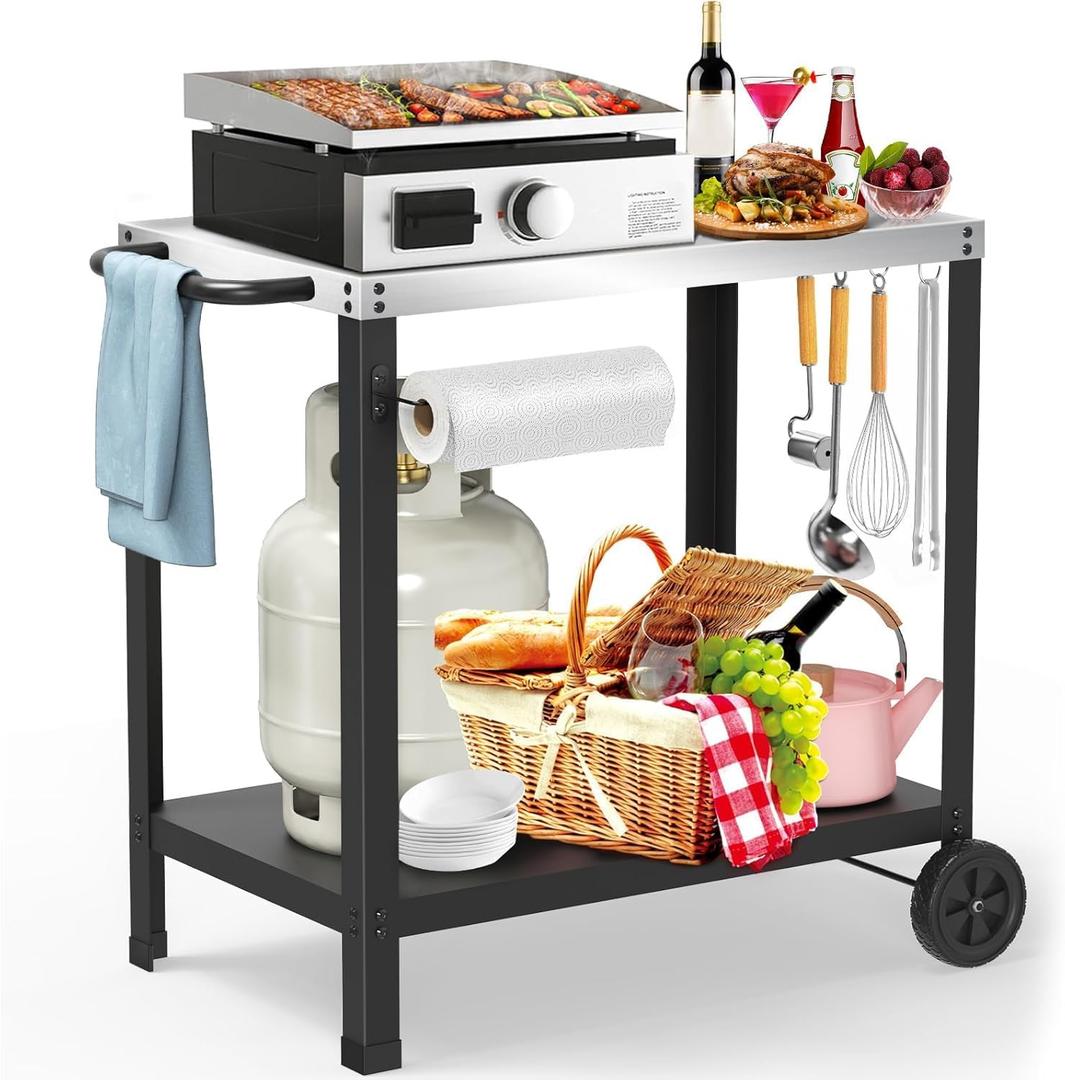32x20IN Double-Shelves Grill Table, Outdoor Grill Cart for Blackstone Griddle, Movable Pizza Oven Table Cart for Outside Patio, Kitchen Cooking Food Prep Table for Party (Silver)