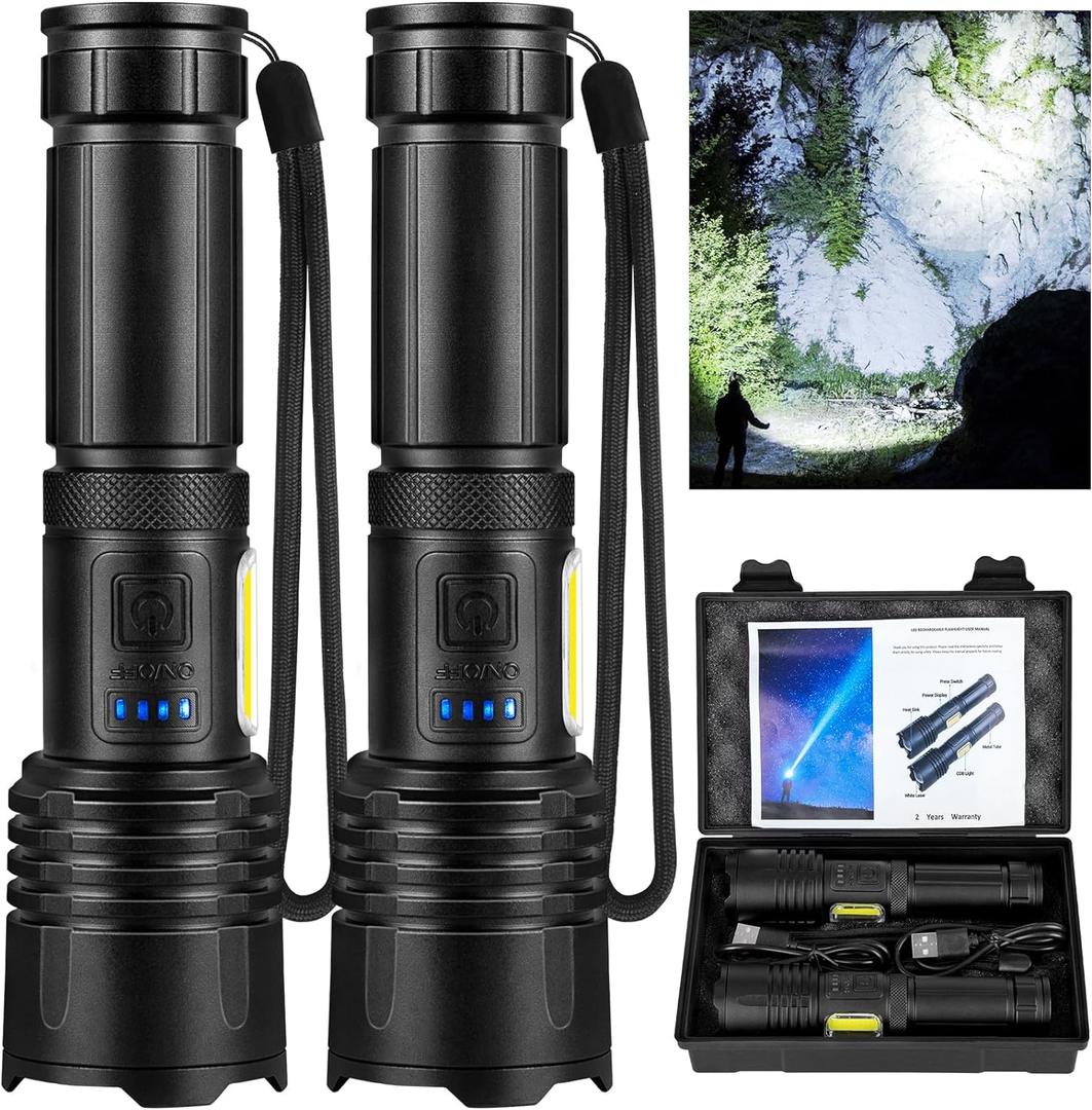 Rechargeable LED 90,000 High Lumens Flashlights, 2 Pack Super Bright Flash Light with Cob, 7 Modes Waterproof Powerful Flashlight for Home