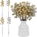 Syhood 40 Pcs 9.8 Inch Champagne Gold Christmas Artificial Holly Berry Picks Stems Set, 4 Styles Glitter Sprays Snowy Fake Berries Christmas Tree Branches Fillers Ornaments DIY Party