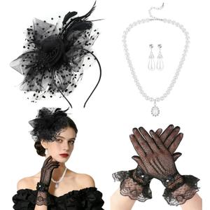 Fascinators Hats for Women Black Tea Party Veil Mesh Headband and Glove Set with Pearl Jewelry Kentucky Outfits Vintage Party Derby Hats for Weddings Cocktail Church