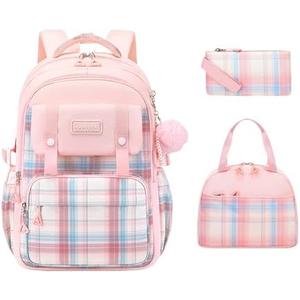 TYHOTULY 3Pcs Cute Backpack for Girls with Lunch Box & Pencil Case, Large Capacity Kids Bookbag for Elementary Middle School Students Waterproof Kawaii Preppy Aesthetic Plaid Backpack Age 4-16