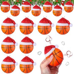 Mini Christmas Basketball Ornament with Red Santa Hat Hanging Foam Sports Balls Decorative Soccer Ornaments for Christmas Tree Xmas Gifts Home Decor Party Supplies