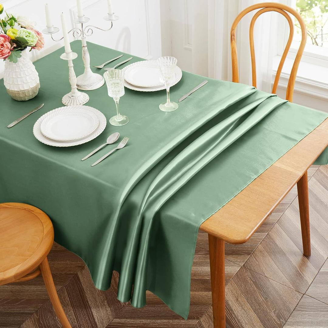 Sage Green Satin Tablecloth, 58 x 102 Inches Rectangular Polyester Table Cover, Wrinkle Resistant Smooth Fabric for Dining, Holiday