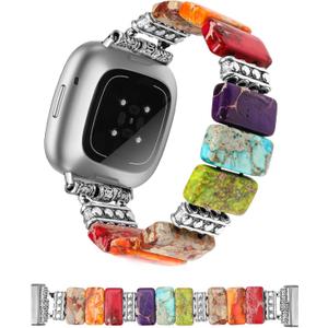 Moolia Natural Stone Bracelet Compatible with Fitbit Versa 4/Versa 3/Sense 2/Sense Band for Women, Pretty Handmade Elastic Solo Loop Beaded Western Vintage Watch Strap for Vesa 4 Band (M: 5.9"-6.6"(150-168mm), Mix Color: Splendor Autumn)