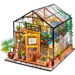 ROBOTIME DIY Miniature House Kit Mini Green House Tiny Dollhouse Wooden Furniture Kit with LED Halloween/Christmas/Birthday Gifts for Adults (Cathy's Greenhouse)