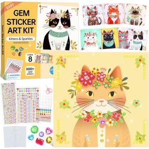 Gem Art Sticker Kit, Arts and Crafts for Kids Age 4-12, 8 Cat Themes Diamond Art Kit, Gemstone Sticker Crafts Christmas Birthday Gifts for Girls Ages 4,5,6,7,8 Year Old (Cat)