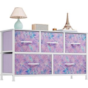 YITAHOME Wide Storage Tower with 5 Drawers - Fabric Dresser, Organizer Unit for Bedroom, Living Room, Closets - Sturdy Steel Frame, Easy Pull Fabric Bins & Wooden Top (Tie Purple)