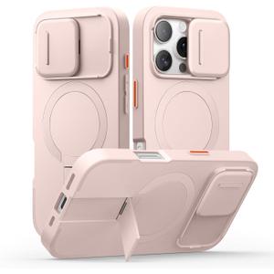 SURITCH for iPhone 16 Pro Case with Slide Camera Cover and Adjustable Kickstand, Compatible with MagSafe Protective Cover 6.3 Inch,Pink (Only Compatible with iPhone 16 Pro)