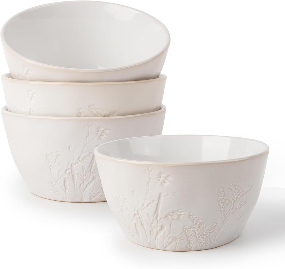 DOWAN 32 OZ Soup Bowls, Ceramic Cereal Bowl Set of 4, Large Bowls for Pho/Ramen/Pasta/Salad Bowls, Embossed Floral, Stackable Bowl Set, Microwave & Dishwasher Safe, for Mothers' Day and Housewarming