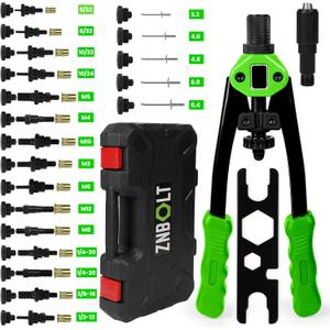 Dual Function Hand Rivet Gun with Rugged Carrying Case Heavy Duty Single Hand Riveter with 400+ pcs Rivet Nuts, 15 Mandrels, 5 Rivet Nozzles, Blind Rivets for Plastic, Wood, Metal, Leather
