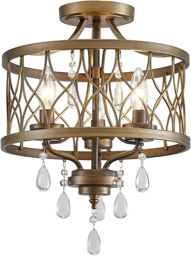Farmhouse Crystal Ceiling Light Fixture, 3-Light Semi Flush Mount Crystal Chandelier Light Fixture Rustic Vintage Bronze Pendant Ceiling Lamp for Hallway Corridor Kitchen Entryway Bedroom Living Room (16" High 12.8" Wide)
