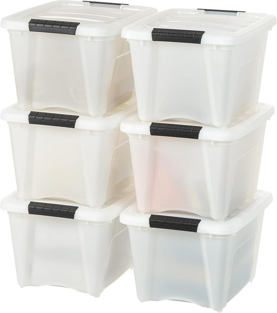 IRIS USA 19 Qt Stackable Plastic Storage Bins with Lids, 6 Pack - BPA-Free, Made in USA - Discreet Organizing Solution, Latches, Durable Nestable Containers, Secure Pull Handle - Pearl
