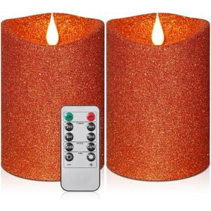 Retisee 2 Pcs Glitter Flameless Candles, 3.5'' x 5'' Realistic Artificial Metallic Flame LED Candles Battery Operated Candle with Remote for Halloween, Christmas, Wedding, Birthday (Orange)
