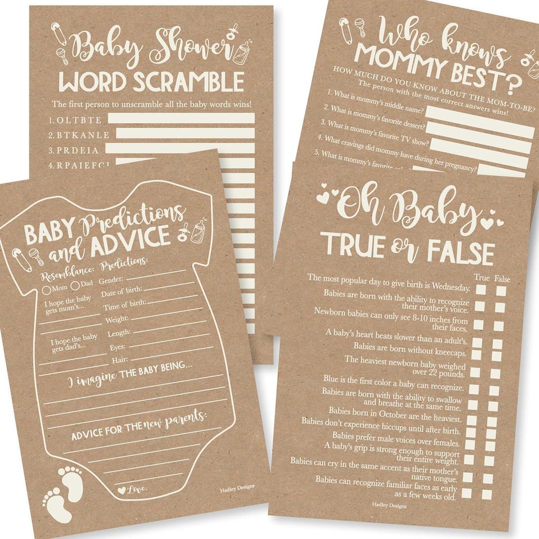 Hadley Designs Baby Shower Games for 40 Guests - Baby Predictions & Advice Cards for New Parents, Word Scramble, Who Knows Mommy Best, True or False, Funny Babyshower Games for Boy Girl Gender Neutral