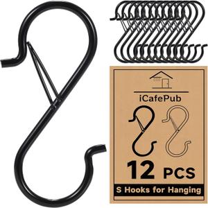 12 PCS S Hooks for Hanging with Safety Buckle, 3.5 inch Heavy Duty Metal S Shaped Hooks for Kitchen Utensil, Cups, Pots, Plants, Bags, Hats (Black)