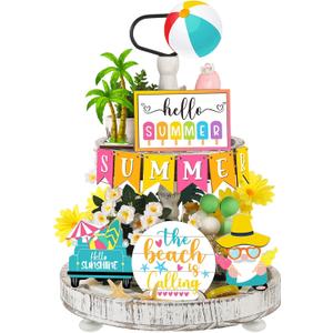 FairySandy 12 Pcs Summer Tiered Tray Decor Set Hawaii Tier Tray Decorations Hello Summer Beach Gnome Wood Sign Rustic Farmhouse Tabletop Accessories for Home Table Kitchen Shelf Decor