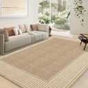 GarveeHome Living Room Area Rug 8x10 Modern Striped Border Throw Carpet with Rubber Backing Low Pile Stain Resistant Dining Room Rug Contemporary Bordered Carpet for Home Office, Khaki