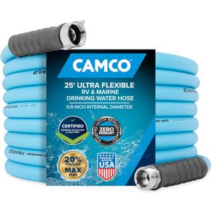 Camco EVOFlex 25-Ft RV Drinking Water Hose - Features Extra Flexible Design w/Stainless Steel Strain Relief Ends - Lead-Free, BPA-Free and Phthalate-Free - 5/8 Inside Diameter (22591) Camco EVOFlex 25-Ft RV Drinking Water Hose - Features Extra Flexible Design w/Stainless Steel Strain Relief Ends - Lead-Free, BPA-Free and Phthalate-Free - 5/8 Inside Diameter (22591)