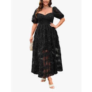 Women's 2025 Plus Cocktail Formal Guest Dresse 3D Lace Sweetheart Neckline Puff Sleeve A Line Maxi Dresses, Size XL