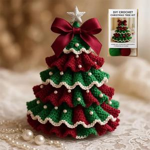 DIY Crochet Christmas Tree Kit,Handmade Crochet Christmas Tree,Tree Bow Pearl Embellishment,Beginner Christmas Crochet Kit,Christmas Craft Kit with Yarn Hook Beads Instructions