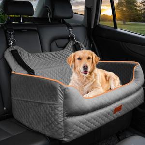 Dog Car Seat for Large/Medium Dogs - Memory Foam Dog Booster Seat for Under 55Lbs or 2 Small Dogs-Detachable and Washable Travel Bed with Thick Cushion and Storage Pockets-Grey 
