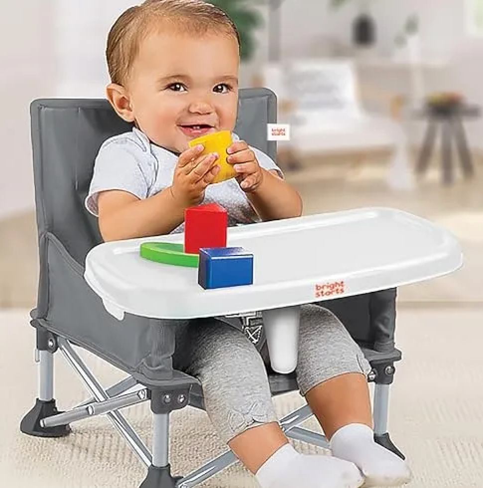 Bright Starts Pop 'N Sit Portable Booster, Indoor/Outdoor Use, Floor Seat with Feeding Tray, Grey, 6 Mos  3 Yrs